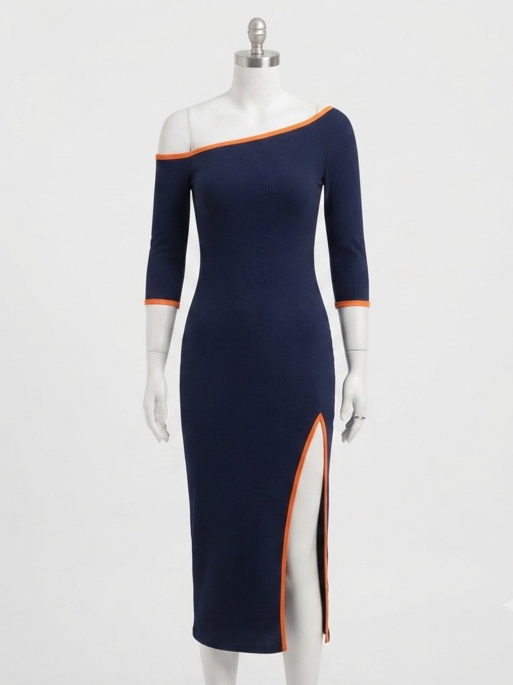Asymmetric One Shoulder Midi Bodycon Dress Navy Blue Orange Slit Size M